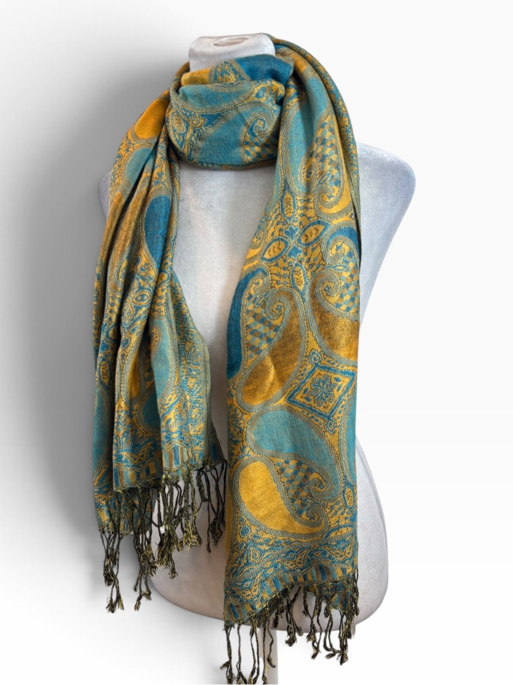 Ladies Fringe End Pashmina with Gold and Blue Print